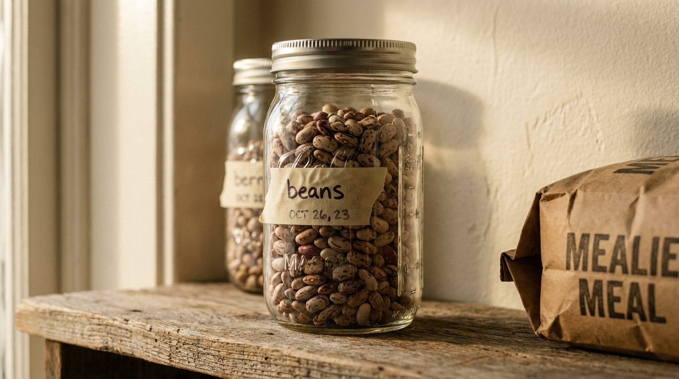 Close-up of a 30-day pantry mason jar full of dried sugar beans with a hand-written masking-tape label, soft window light raking across the glass.
