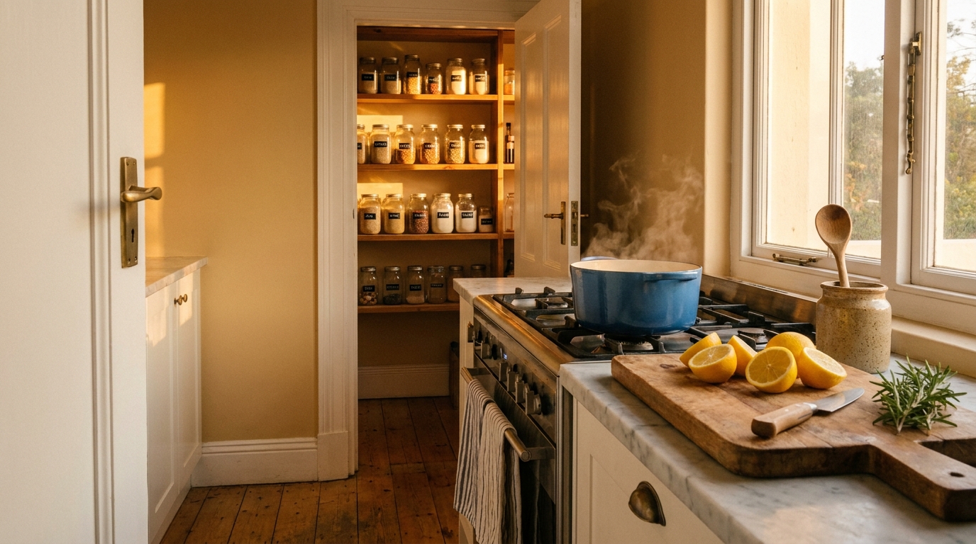 A South African suburban kitchen at golden hour with halved lemons on a wooden chopping board, an enamel pot on the gas hob, and the pantry door open behind showing the labelled mason jars of a working 30-day pantry.