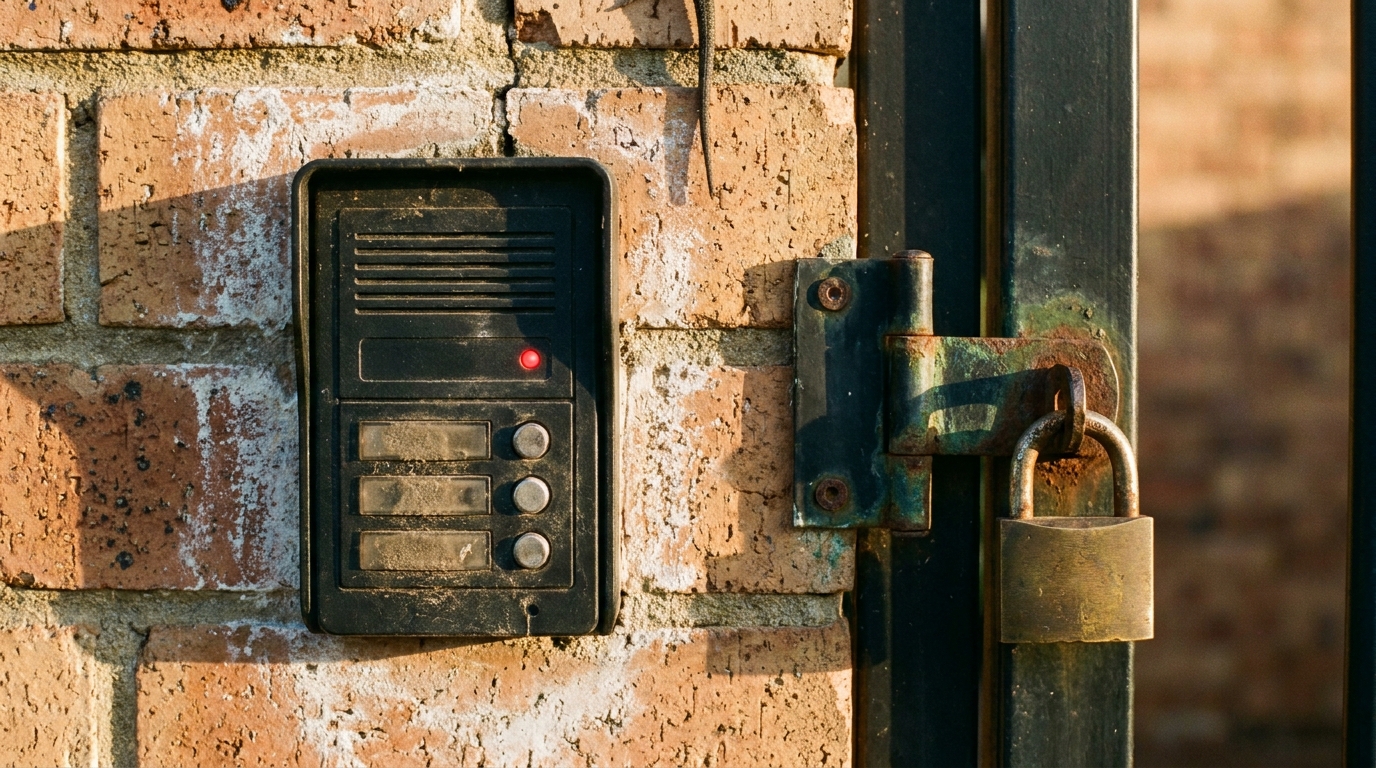 Close-up threat assessment detail — a weathered intercom panel with a single red LED, brass padlock, and oxidising hinge bracket on a face-brick boundary wall.