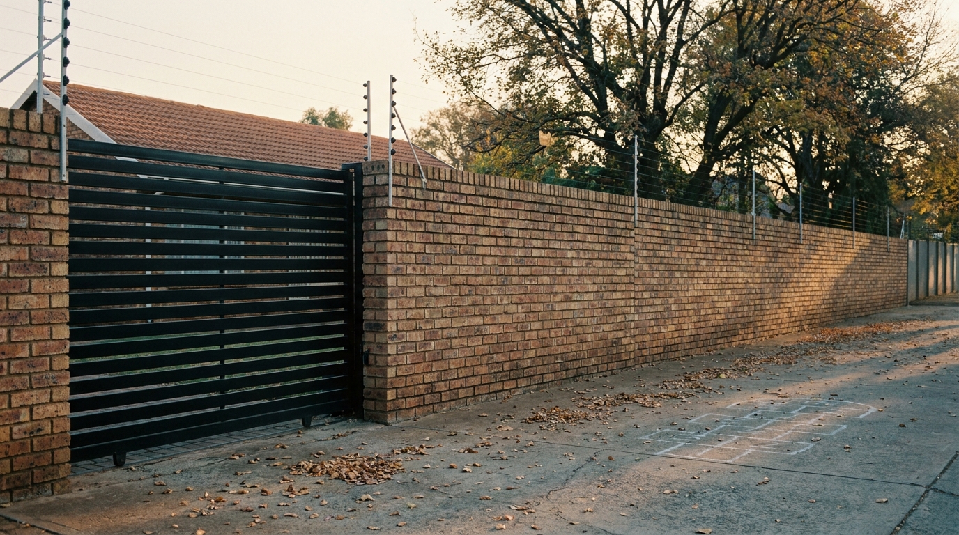 Suburban property perimeter at dusk — a 2-metre face-brick boundary wall with a steel driveway gate, viewed from the pavement, the way an attentive observer's threat assessment would begin.